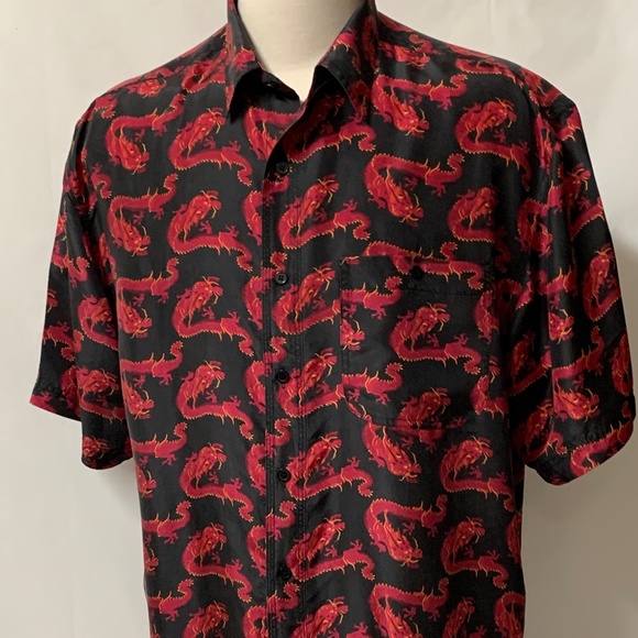 Silk Shirt XL Black RED DRAGONS Vintage - Picture 2 of 6
